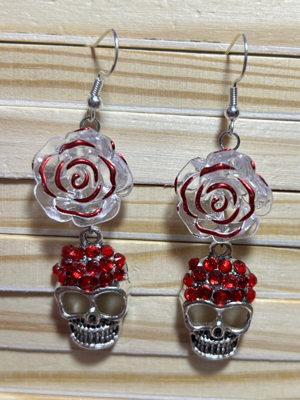 3/$25 Red Crystal Skull & Rose Dangle Earrings